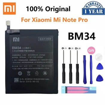 100% Orginal Xiao mi BM34 3010mAh baterija Xiaomi Mi Note Pro 4GB RAM aukštos kokybės telefono pakaitinės baterijos