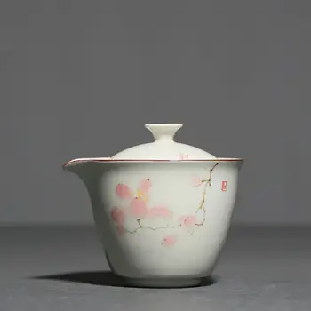 180ml Rankomis dažyta Magnolijos keramikos arbata Tureen Kinų rankinis griebtuvas Retro arbatos alaus gaminimas Gaiwan su infuzeriais Arbatos dubuo su dangčiu