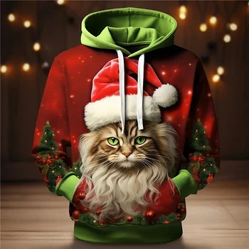 2023 Mada Kalėdinis katinas Spausdinti Gobtuvai Vyrai 3D gyvūnų raštas Džemperis Juokingas sniego senis X'mas drabužiai Rudeninis oversized megztinis