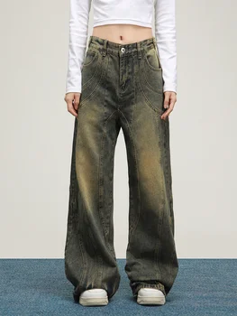 2024 Pavasaris Naujos moterys Vintažiniai skalbti džinsai Unisex Aukštas juosmuo Plačios kojos Džinsinės kelnės Y2K Harajuku Street prašmatnios laisvalaikio kelnės