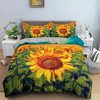 *3D Saulėgrąžų karaliaus karalienės antklodės užvalkalas Geltonos gėlės Patalynės komplektas Gėlių žali lapai Paguodos užvalkalas 2/3vnt Poliesterio antklodės įlanka
