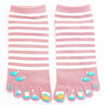 4 poros Moteriškos kojinės Dryžuotos penkių pirštų kojinės Pavasario ir rudens medvilninių plonų akių kojinių rinkinys