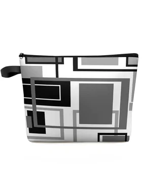 Abstraktūs geometriniai kvadratai Juoda pilka Pagal užsakymą keliaujantis kosmetikos krepšys Nešiojamas makiažo laikymo maišelis Moterims Vandeniui atsparus pieštukų dėklas