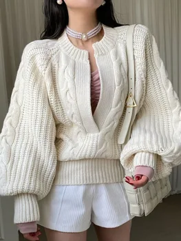 ADAgirl Vintage Knit Sweater Women Loose Lantern Sleeve V-Neck Pullover Winter Korean Style Half Open Collar Chic Female Clothes