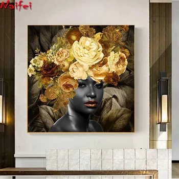 Afrikos juodaodės mergaitės portretinės gėlės ant galvos Menas 