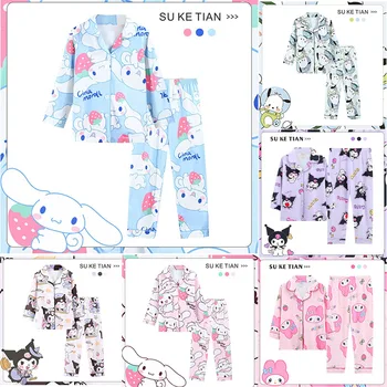 Anime Sanrioed Kuromi Cinnamoroll My Melody Kids ilgomis rankovėmis Pižama Berniukai Mergaitės Laisvalaikio apranga Animacinis filmas Mieginiai drabužiai Komfortas Kvėpuojantis