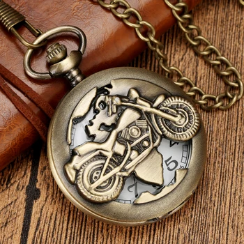 Antikvarinis bronzinis tuščiaviduris 3D motociklas Autociklas Raštas Kvarcinis kišeninis laikrodis Vėrinys Pakabukas Grandinėlė Dovana Reloj De Bolsillo