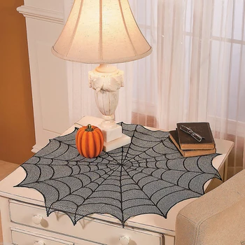 Apvalus poliesteris Nėrinių stalo kilimėlis Helovino dekoravimas Nėrinių voratinklio stalo audinio dangtelis Juodas stalas Bėgikai Renginių vakarėlių reikmenys