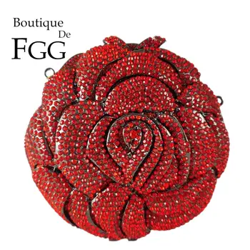 Boutique De FGG Raudona žydinti gėlių sankaba Rankinė Moterų vakarinė piniginė Metalinė vestuvinė Prom Minaudiere vakarėlio sankabos krepšys