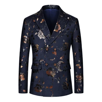 Business Casual Floral Blazers For Men Double Breasted Slim Fit Autumn Quality Soft Comfortable Jacquard Jackets Terno Masculino