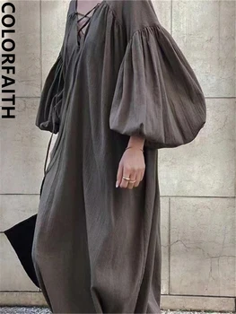 Colorfaith DR2157 Nauja 2024 m. gryna oversized žibinto rankovė Medvilnė ir linas Vintage Moterys Rudens žiemos ilgos suknelės