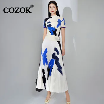 COZOK Elegant Style Fashion Printed Short Sleeve High Collar Casual marškinėliai + visi derantys pusės sijono dviejų dalių rinkiniai WT473