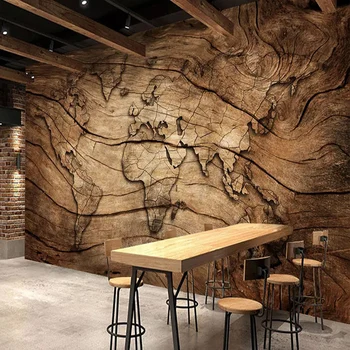 Custom Bet kokio dydžio freskos tapetai Retro medžio grūdų pasaulio žemėlapis Nuotrauka 3D Fresco restoranas Kavinės fonas Siena Namų dekoras 3D Plakatas
