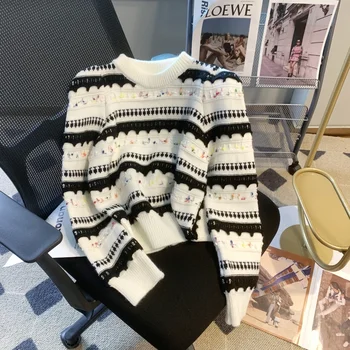 DAYIFUN Mada O-kaklas Dryžuotas megztinis Moterys Rudens žiemos priežastiniai kintwear megztiniai Korėjietiški hito spalvos džemperiai ilgomis rankovėmis O-kaklo džemperiai