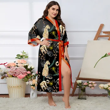 Didelio dydžio chalatų miego drabužiai Moteriškas laisvas spausdinimas Kimono chalatas su diržu Lounge Casual Nightdess Women Nightgown Loungewear