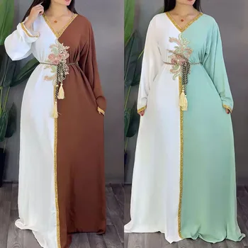 Dubajaus musulmonė moteriška suknelė Auksinė rožinė gėlių gabalo suknelė Ramadanas Gurbanas V-kaklas Maroko kaftano mados moterų drabužiai Abaya