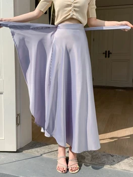 Elegantiški moteriški netaisyklingi sijonai Korėjos mados satino šilkas A-line sijonas Biuras Ilgi vasariniai sijonai Moters mada 2023