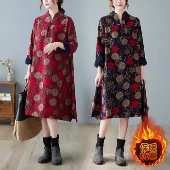 Etninio stiliaus medvilninė ir lininė suknelė Marginta stovo apykaklė ilgomis rankovėmis Moterys Laisva Midi Retro rudens ir žiemos vilnos suknelė Z3674