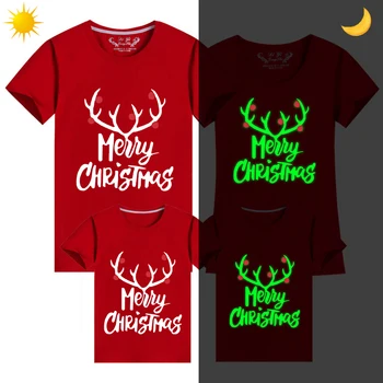 Family Matching Christmas Tops Išskirtinis dizainas Šviečiantys kalėdiniai ragai Šeimos kalėdiniai marškinėliai