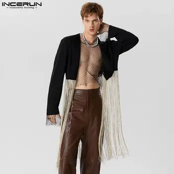 Fashion Casual Style Tops INCERUN New Men's Cropped Patchwork Tassel Blazer Handsome Male Long Sleeved Suit Jackets S-5XL 2023