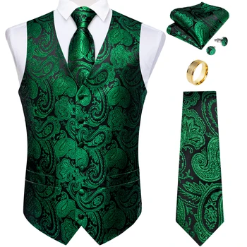 Fashion Green Paisley Liemenė vyrui Verslo festivalio suknelė Fit Vyriška liemenė Prabangus šilkinis kaklaraištis Kišeninis Kvadratinis rankogalių segtukų žiedas