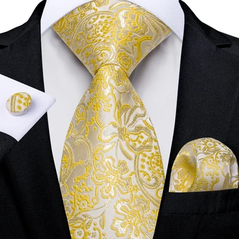 Geltoni gėlių šilko kaklaraiščiai vyrams Kietas pledas Mada Vestuvių vakarėlio kostiumai Aksesuarai Kaklaraištis Nosinė Rankogalių sąsagos Vyrų dovana
