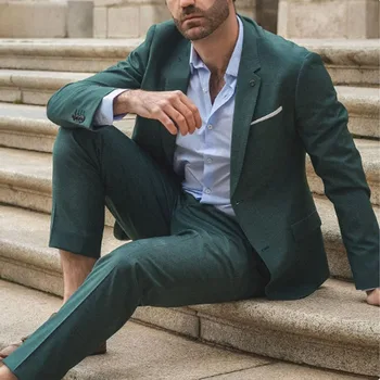 Green Slim Fit Oficialūs vyriški kostiumai Įpjova Atvartų kostiumai vyrams Vestuvių vakarėlio verslo smokingai 2 vnt Švarkas+Kelnės Kostiumas Homme