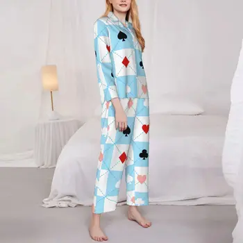 Heart Poker Pižamos Moterys Mėlynas ir baltas pledas Madingi miegamojo miego drabužiai Rudens 2 dalių laisvalaikio negabaritinio dizaino pižamų komplektas
