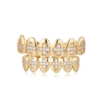 Iced Out Bling Cross Teeth Grillz Caps Cubic Zircon Micro Pave Top & Bottom Charm Grills Set For Men Women Jewelry