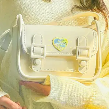 JIAERDI Preppy Style White Square Bag Women Harajuku Heart Leather Messenger Bag Purse Female Vintage Casual Crossbody Bags Y2k
