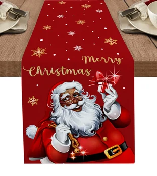 Kalėdų Senelis raudoname fone Stalo bėgikas Vestuvių šventė Stalo dekoravimas Namų dekoras Virtuvės stalų bėgikai