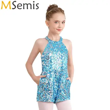 Kids Girls Allover Sequin Gymnastics Ballet Dance Shorty Unitard Pageant Romper Short One-Piece Jumpsuit Jazz Latin Costume