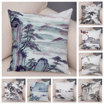 kinų rašalo kraštovaizdžio spausdintas pagalvės dėklas Super trumpas trumpas pliušinis 45*45cm kvadratinis pagalvėlės užvalkalas sofos namų dekoro pagalvės užvalkalui