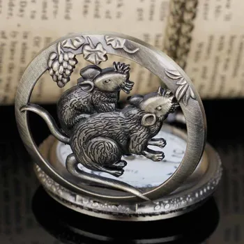 kinų zodiako pelės raštas Bronzinis tuščiaviduris kvarcinis kišeninis laikrodis Kaklo papuošalo pakabukas moterims ir vyrams Dropshipping dovana