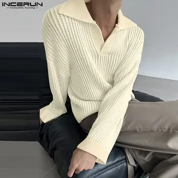 Korėjietiško stiliaus gražūs vyriški tuščiaviduriai megzti kieti marškinėliai Laisvalaikio madingi atvartai ilgomis rankovėmis Camiseta S-5XL INCERUN Tops 2023