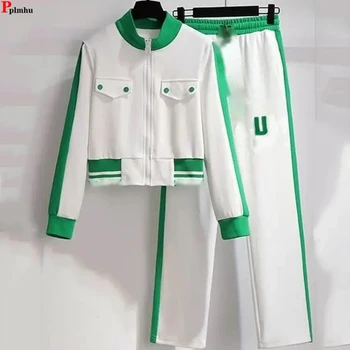 korėjietiškų 2 dalių rinkiniai trumpi pstchwork plonos viršūnės sportinis kostiumas aukštas juosmuo kulkšnies ilgio padalintos sportinės kelnės tinka naujoms kasdienėms junginėms