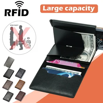 Kreditinės kortelės turėtojas Vyriškos piniginės RFID blokavimas Apsaugota aliuminio dėžutė PU odinės piniginės su pinigų spaustuku Dizainerio kortelės turėtojas