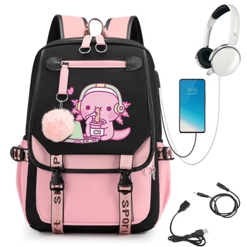 Kuprinė Mokyklinis krepšys Mergaitė Atgal Pack Vaikai Paauglys Moteriškas mokyklinis krepšys Mielas Axolotl Mėgsta momentinius makaronus Anime Primary Bagpacks