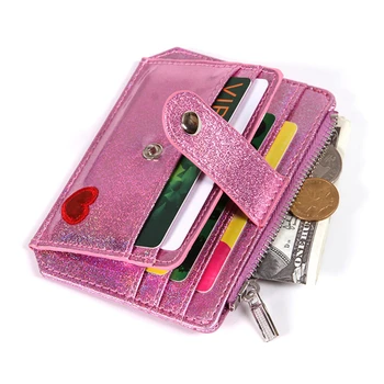 Lazerinė širdis sulankstoma mada plona piniginė Moterys Maža piniginė Korėjietiško stiliaus mielas kreditinių kortelių laikiklis Nešiojamas užtrauktukas Hasp monetų krepšys