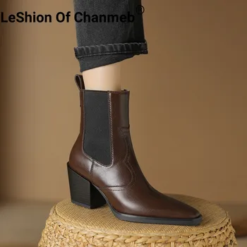LeShion Of Chanmeb Women Real Leather Chelsea Boots Rankų darbo blokiniai kulniukai Western Cowboy Boots Woman Winter Shoes Retro Avalynė