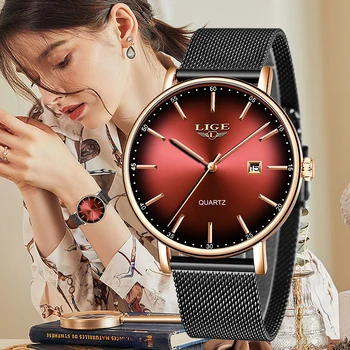 LIGE Fashion Elegant Quartz Watch Business Luxury Ultra Thin Mesh Strap Bracelet Watch for Women Waterproof Top Brand rankinis laikrodis