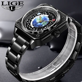 LIGE Naujo mados dizaino kvarcinis vyriškas laikrodis Aukščiausios klasės prabangus žemės pilno plieno laikrodis vyrams Vandeniui atsparūs šviečiantys kūrybiniai laikrodžiai + dėžutė