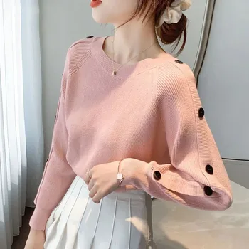 Lucyever Rožiniai mezgimo megztiniai Ladies Korean Fashion Buttons Long Skeeve Sweater Pullover Y2K Streetwear Basic Jumpers Women
