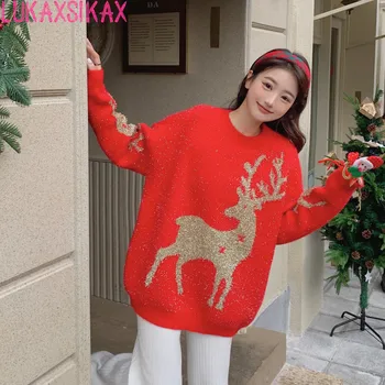LUKAXSIKAX Naujas ruduo Žiemos moterys Laisvas megztas megztinis megztinis megztinis Korėjietiškas mielas auksinis elnias Žakardo kalėdinis megztinis