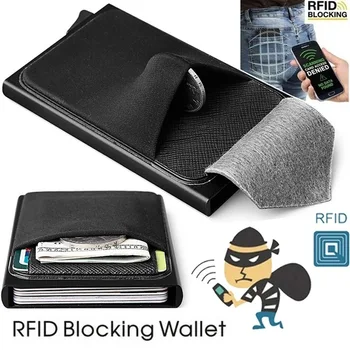 madingas RFID kortelių laikiklis vyrams Automatinis išmanusis piniginė Iššokanti kortelės piniginė Apsauga nuo vagystės blokuojantis kreditinės kortelės dėklas Metalinė piniginė