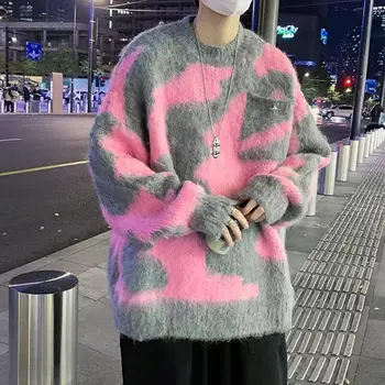 Megztinis su juostele Korėjiečių mada Vyrai Vyriški drabužiai Žiemos tendencijos Megzti Harajuku Hip Hop Moteriški oversize Print Drabužiai Megztiniai