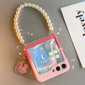 Mielas triušio pakabukas Perlo apyrankė Gradiento rožinė Telefono dėklas, skirtas Samsung Galaxy Z Flip 5 Flip5 zflip5 dangtelis