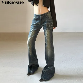 Moteriški džinsai 2023 m. Vasaros korėjiečių leidimas Vintage Žemas juosmuo Flare Chic Kniedė Slim Pencil Jean Streetwear Fashion Retro Denim Trous