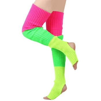 Moteriškos kabelio megztos kojinės, spalvingas vaivorykštės atspaudas aukštos šiltos kojinės be kojų Jogos kojų šildytuvai