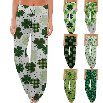 Moteriškos minkštos patogios paprastos pižamos kelnės St. Patrick's Print Drawrope Wide Leg Pants Casual Loose Sleepwear Pants Traf